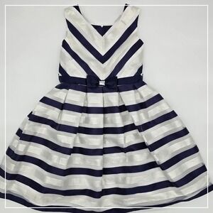 Jona Michelle Girls Dress Size 10 Navy Blue Silver Metallic Striped Party